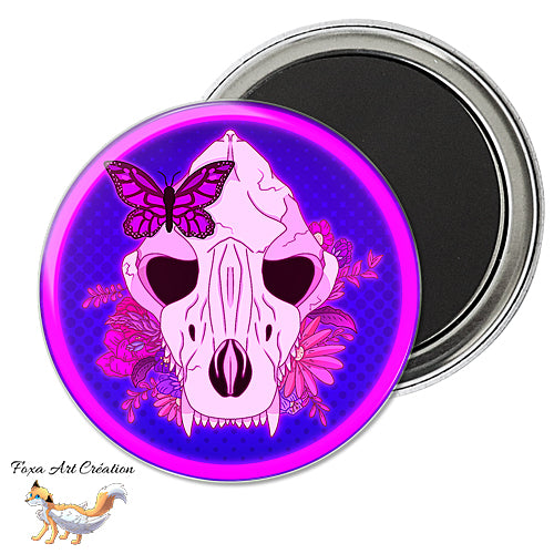 Badge, Magnet pins Crâne de Canidé Floral, Papillon, Bleu et Rose Néon