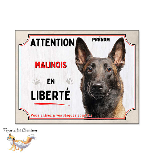 Plaque chien Attention Malinois en liberté panneau