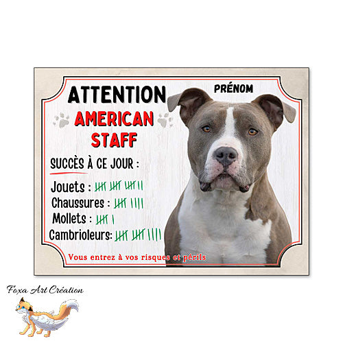 Plaque humour Attention Chien American Staff compte ses trophées à ce jour