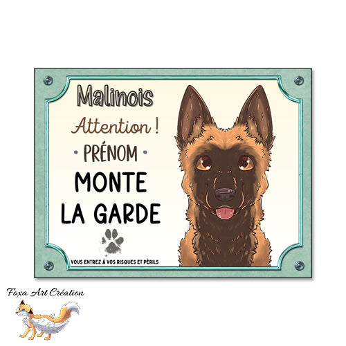 Plaque Attention au chien race Berger Belge Malinois monte la garde, Illustration