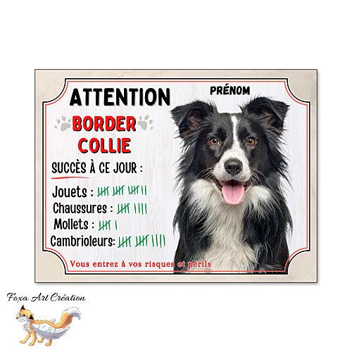 Plaque humour Attention Chien Border Collie compte ses trophées à ce jour