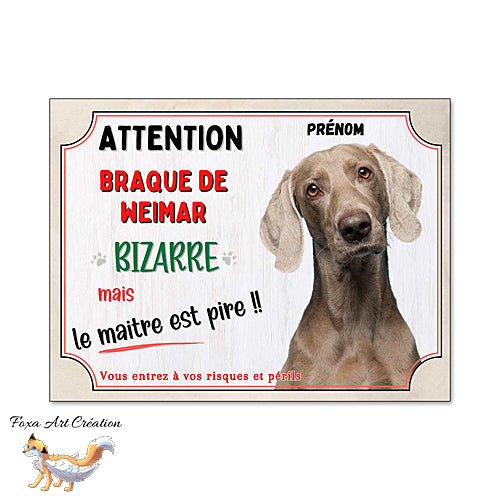 Plaque de portail humour Braque de Weimar bizarre le maitre est pire panneau attention au chien
