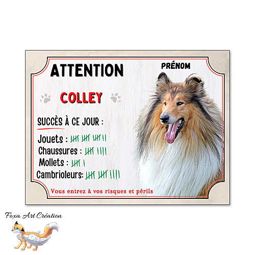 Plaque humour Attention Chien Colley fauve compte ses trophées à ce jour