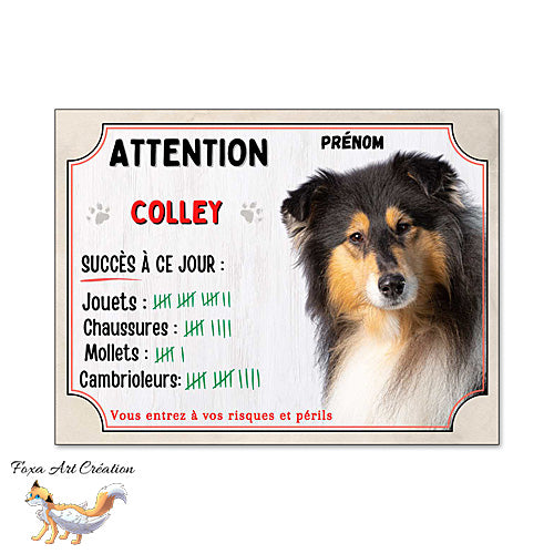Plaque humour Attention Chien Colley tricolore compte ses trophées à ce jour