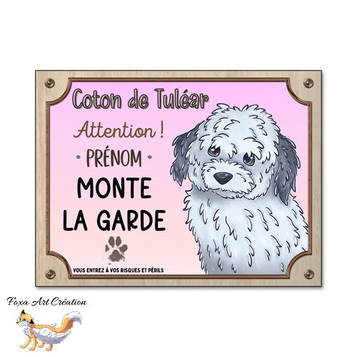 Plaque Attention au chien race Coton de Tuléar monte la garde, Illustration