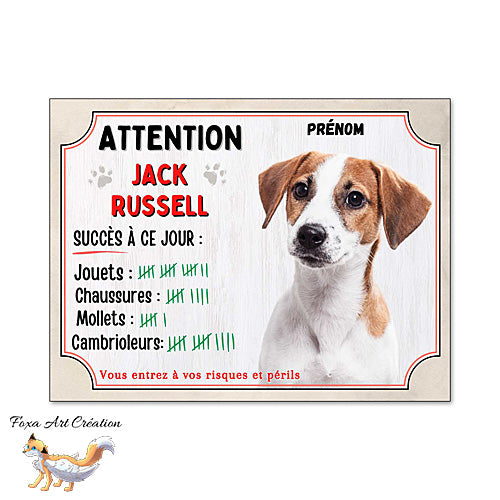 Plaque humour Attention Chien Jack Russell compte ses trophées à ce jour