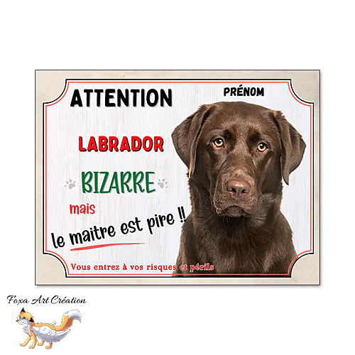 Plaque humour chien Attention Labrador chocolat bizarre panneau