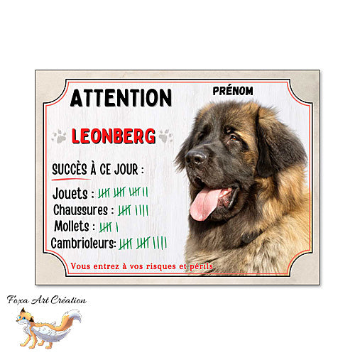 Plaque humour Attention Chien Leonberg compte ses trophées à ce jour