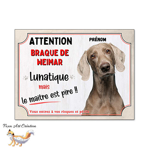 Plaque de portail humour Attention au Chien Braque de Weimar lunatique et maitre encore pire