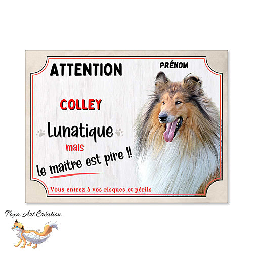 Plaque humour Attention au Chien Colley fauve lunatique et maitre encore pire