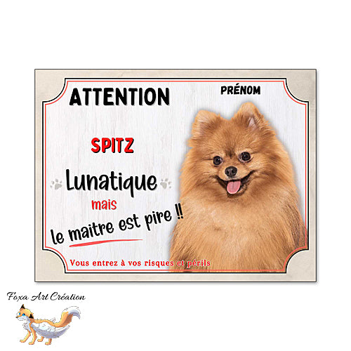 Plaque humour Attention au Chien Spitz lunatique et maitre encore pire