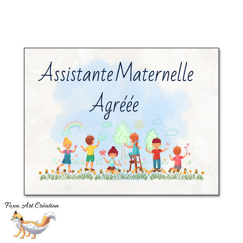 Plaque Assistante Maternelle Agréée Enfants qui jouent, Panneau Nounou Personnalisable
