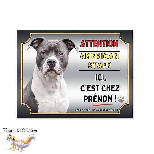 Plaque Attention au chien race American Staff bleu et blanc ici c'est chez moi