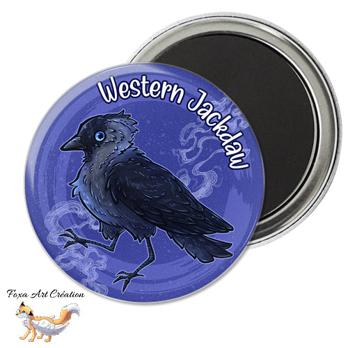 Badge, Magnet pins Choucas des Tours dans la nuit, illustration, oiseau corvidé, jackdaw, modèle 3