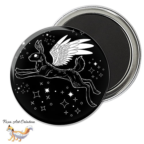 Badge, Magnet pins Lièvre Ailé, Etoiles, Noir et Blanc