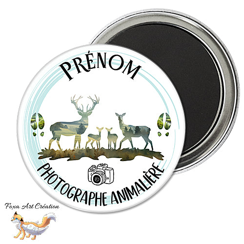 Badge, Magnet pins Photographe Animalier ou Animalière, Renard, personnalisable prénom