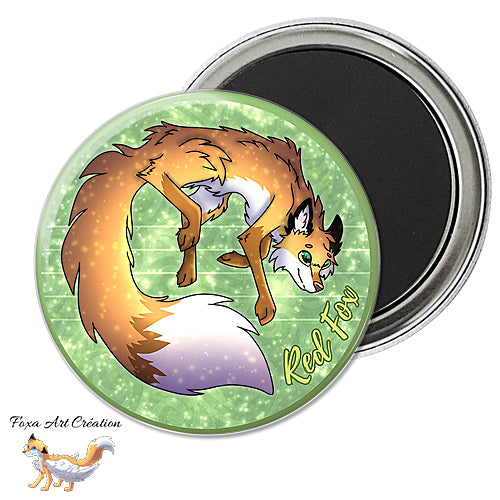 Badge, Magnet pins Renard Roux "Red Fox", fond vert