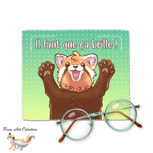 Essuie-lunette, Chiffonnette Microfibre Panda Roux humour "il faut que ça brille", mignon