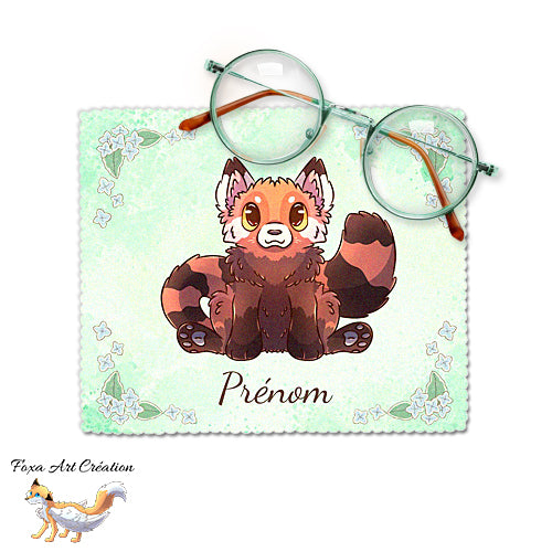 Essuie-lunette, Chiffonnette Microfibre Panda Roux Mignon, Vert Nature, personnalisable avec prénom