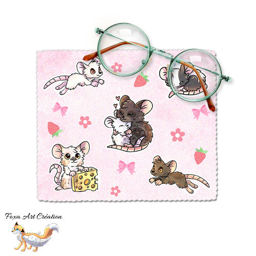Essuie-lunette, Chiffonnette Microfibre Motif Rats Souris sur fond rose