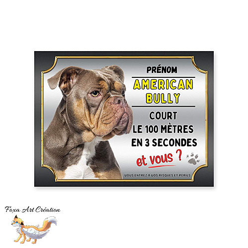 Plaque attention au chien race American Bully cours le 100 mètres en 3 secondes et vous