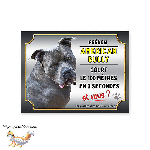 Plaque attention au chien race American Bully gris cours le 100 mètres en 3 secondes et vous