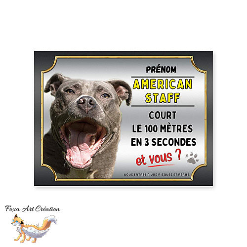 Plaque de portail American Staff cours le 100 mètres en 3 secondes et vous