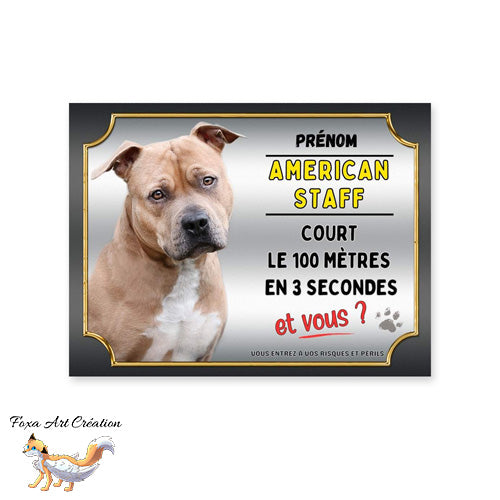 Plaque de portail American Staff fauve cours le 100 mètres en 3 secondes et vous