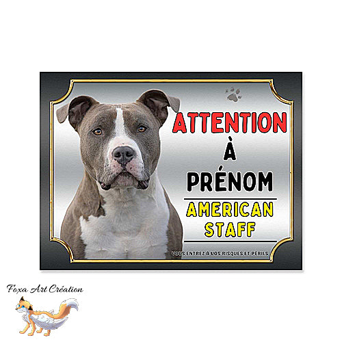 Plaque attention au chien race American Staff bleu blanc monte la garde Panneau pancarte