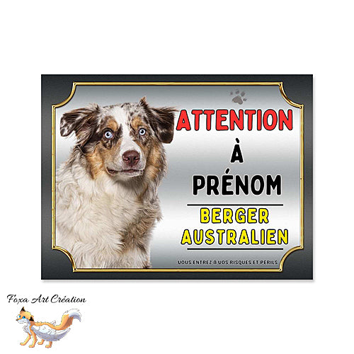Plaque chien Attention Berger Australien merle rouge monte la garde