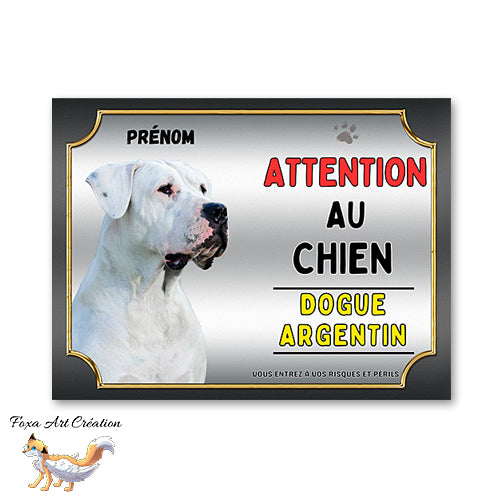 Plaque de portail Dogue Argentin Panneau Attention au chien