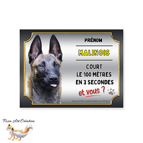 Plaque de portail chien race Malinois cours le 100 mètres en 3 secondes et vous