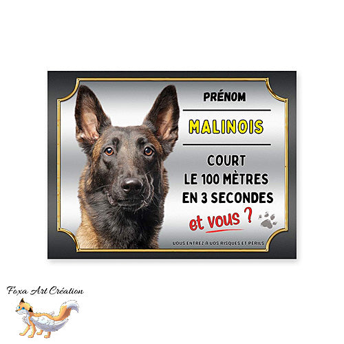 Plaque de portail chien Malinois cours le 100 mètres en 3 secondes et vous