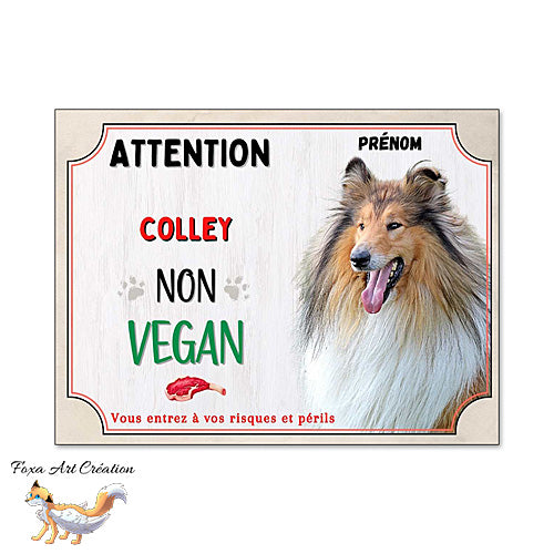 Plaque de portail humour Attention Chien Colley fauve je ne suis pas vegan