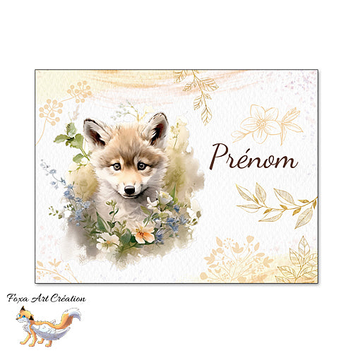 Plaque de Chambre Loup Gris, Fleurs Dorées, Panneau de porte décoratif personnalisé