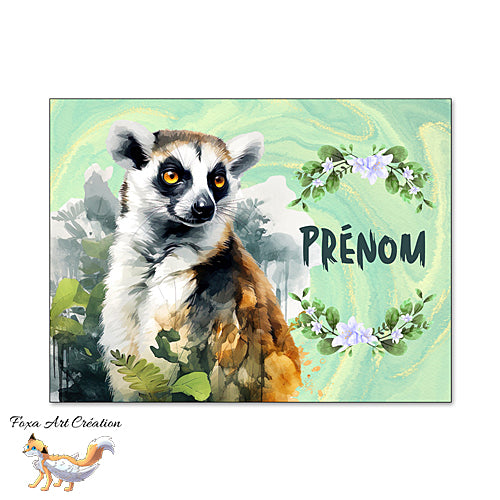 Plaque de Chambre Lémurien Maki Catta, Portrait, Panneau de porte décoratif personnalisé, vert nature