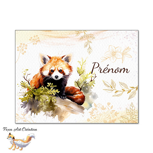 Plaque de Chambre Panda Roux, Portrait, Panneau de porte décoratif personnalisé, fleurs dorées modèle 2
