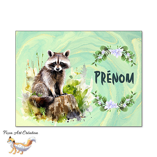 Plaque de Chambre Raton Laveur, Animal de la Forêt, Vert Nature, Panneau de porte décoratif personnalisé