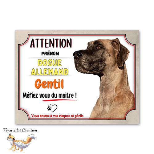 Plaque de portail Dogue allemand gentil méfiez vous du maitre Panneau Attention au chien