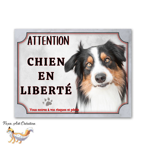 plaque attention au chien en liberté berger australien