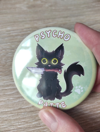 Badge, Magnet Chat Noir "Psychopatte", jeu de mot humour psychopathe, chat avec couteau