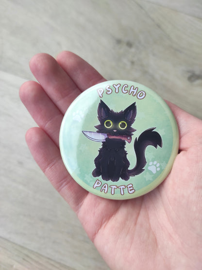 Badge, Magnet Chat Noir "Psychopatte", jeu de mot humour psychopathe, chat avec couteau