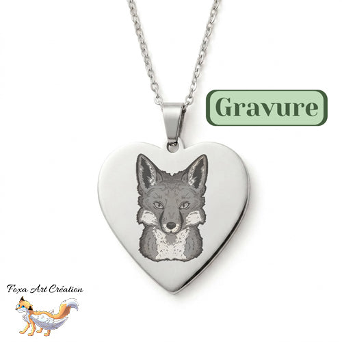 Collier Cœur Gravé tête Renard pendentif gravure Illustration dessin médaillons Originale