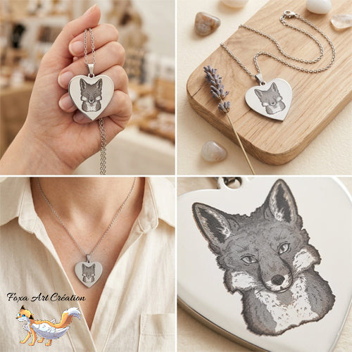 Collier Cœur Gravé tête Renard pendentif gravure Illustration dessin médaillons personnalisé