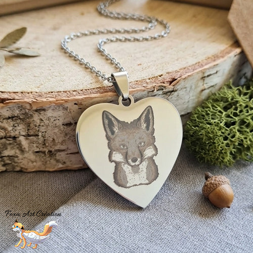 Collier Cœur Gravé tête Renard pendentif gravure Illustration dessin médaillons