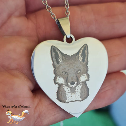 Collier Cœur Gravé tête Renard pendentif gravure Illustration dessin médaillons médaille bijou