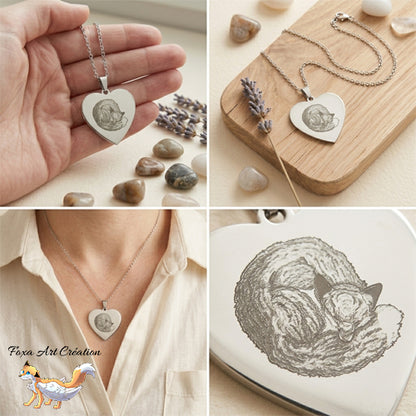 Collier Cœur Gravé Renard Endormi - Illustration dessin Originale Gravure bijou