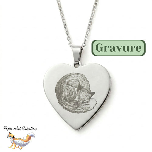 Collier Cœur Gravé Renard Endormi - Illustration dessin Originale Gravure bijou