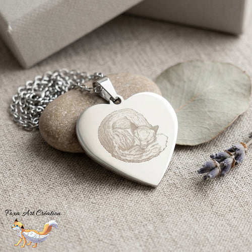 Collier Cœur Gravé Renard Endormi - Illustration dessin Originale Gravure bijou
