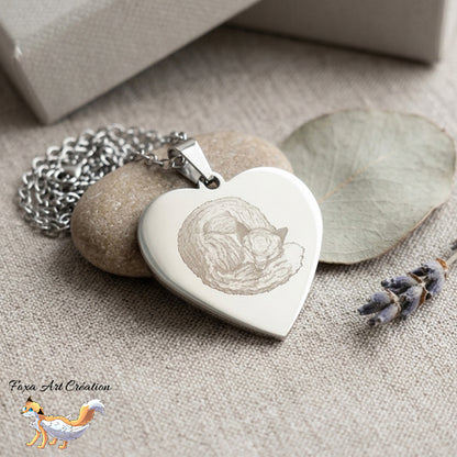 Collier Cœur Gravé Renard Endormi - Illustration dessin Originale Gravure bijou